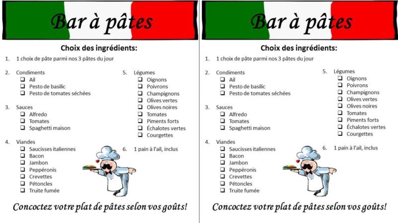 Bar à Pates inclus pain à l'ail, 14.95$