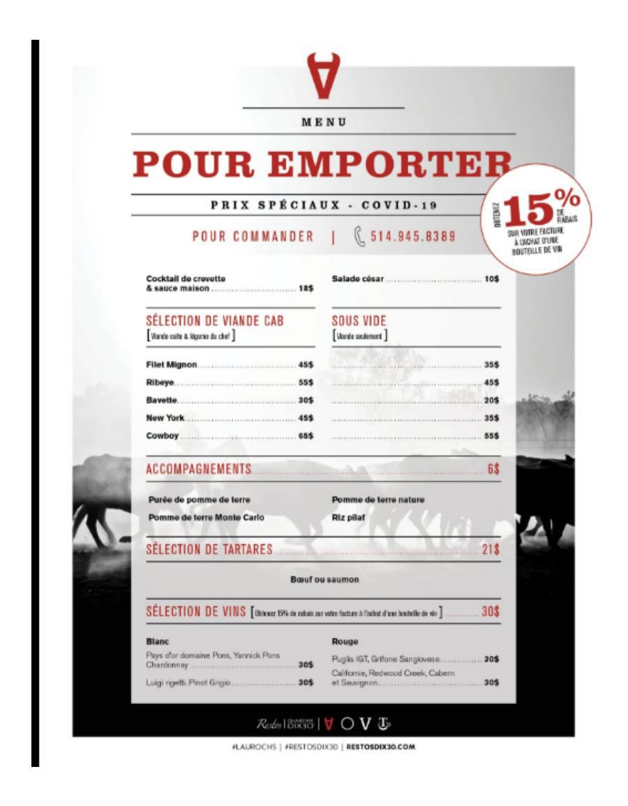 Menu pour emporter