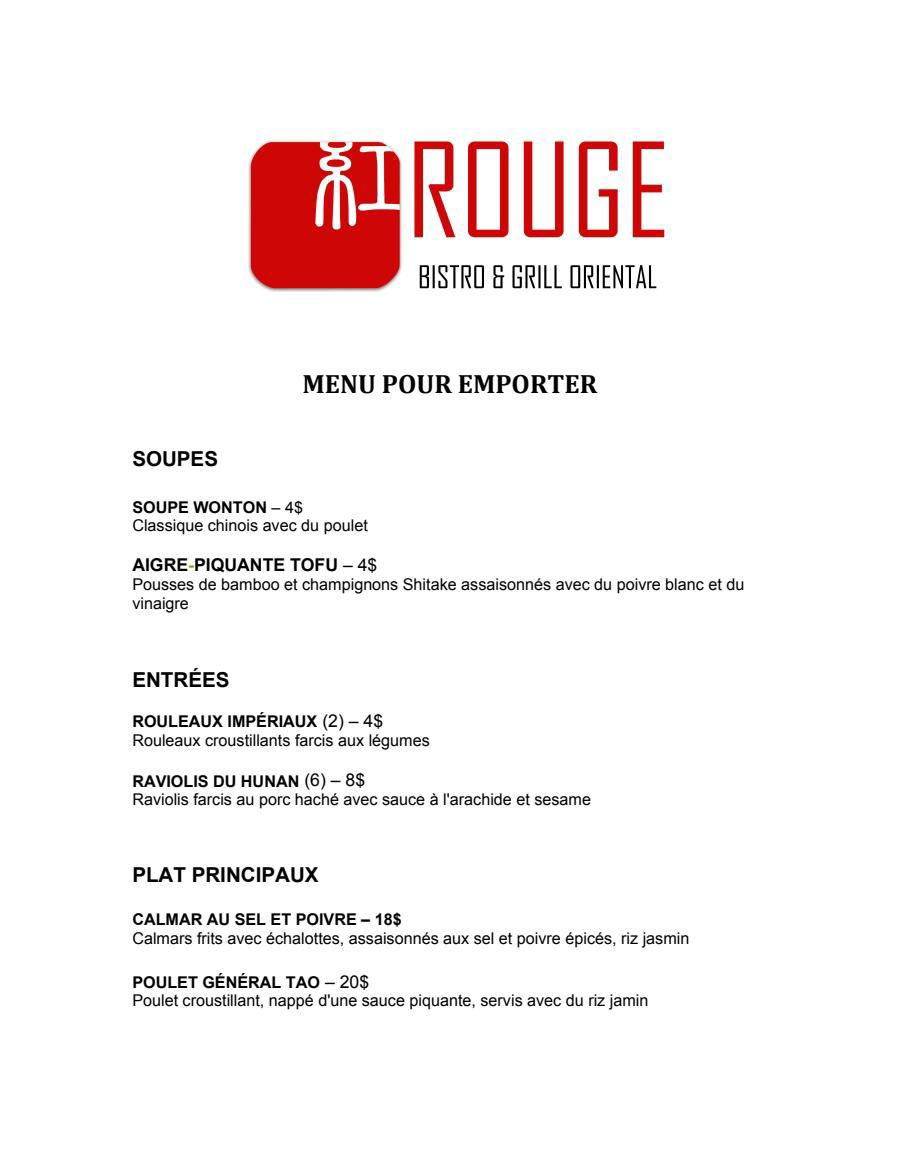 Menu pour emporter