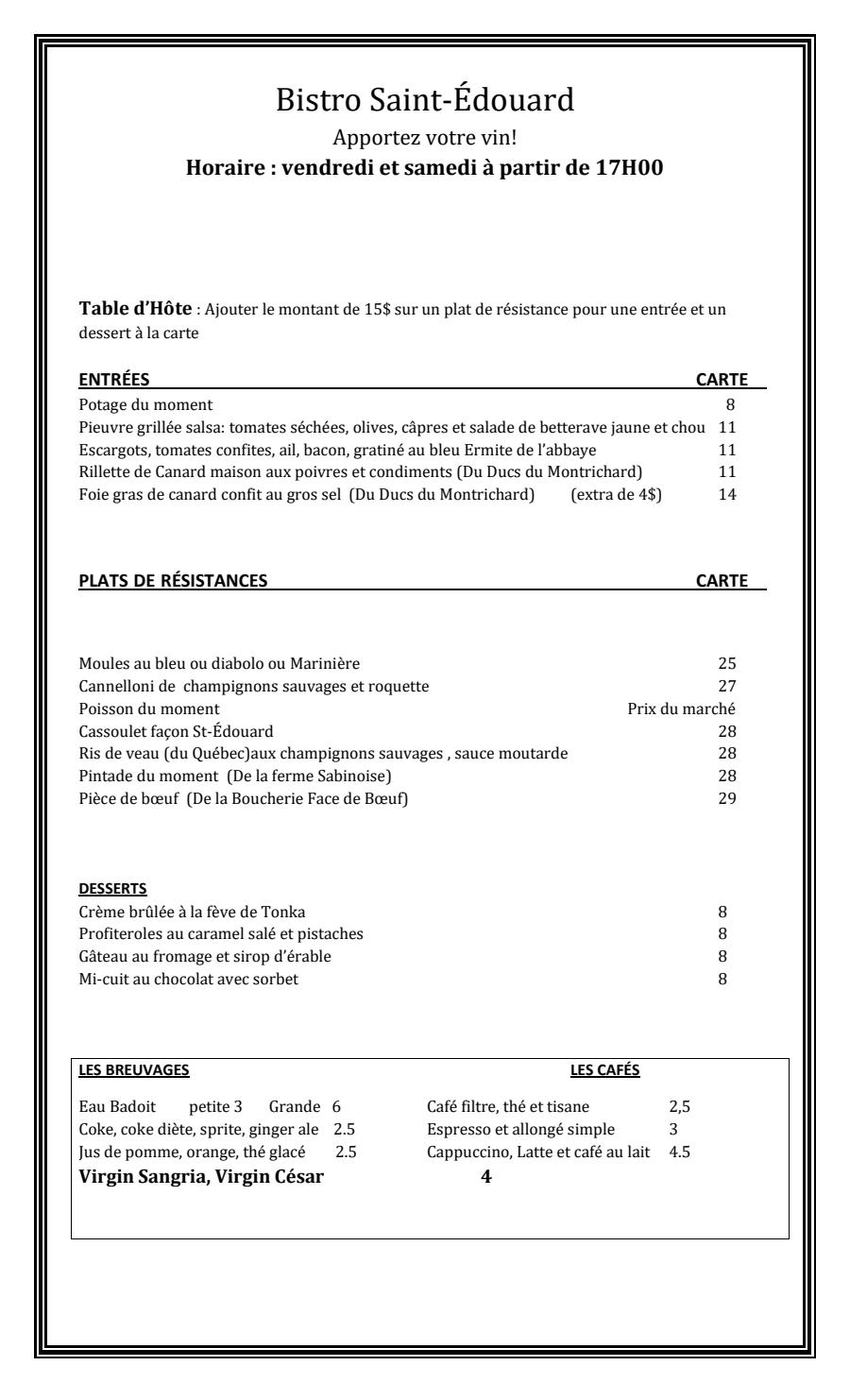 Menu salle à manger