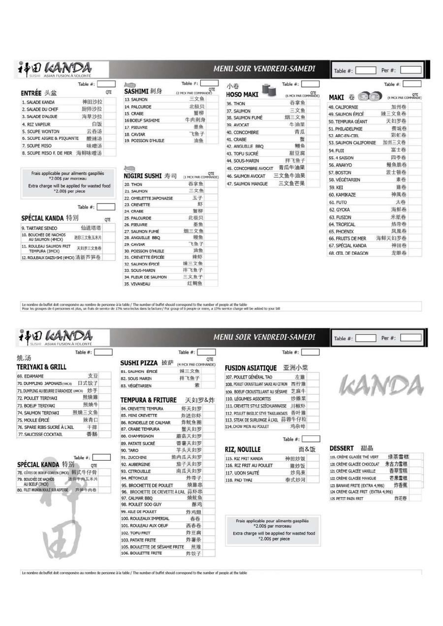 Kanda Sushi Laval weekend Menu