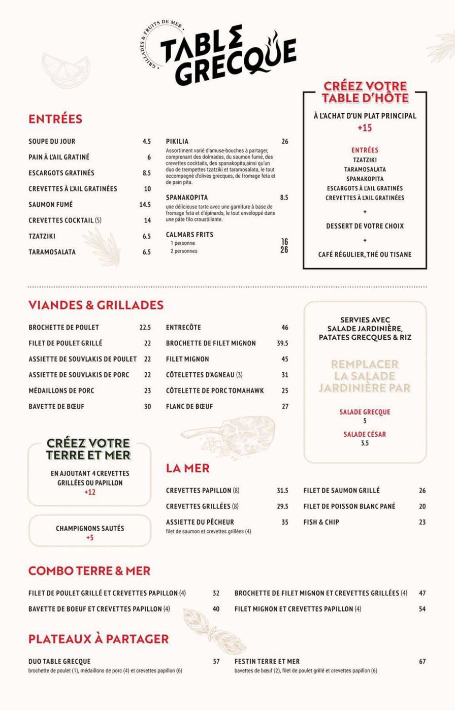 Table Grecque Menu