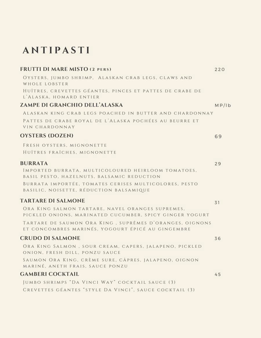 Menu À La Carte Da Vinci Restaurant Ristorante Da Vinci