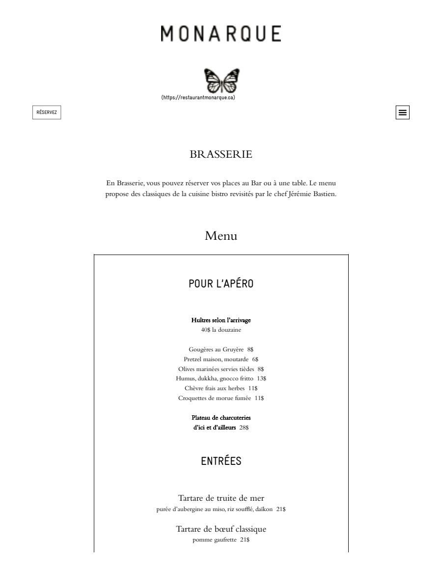 Monarque Brasserie menu