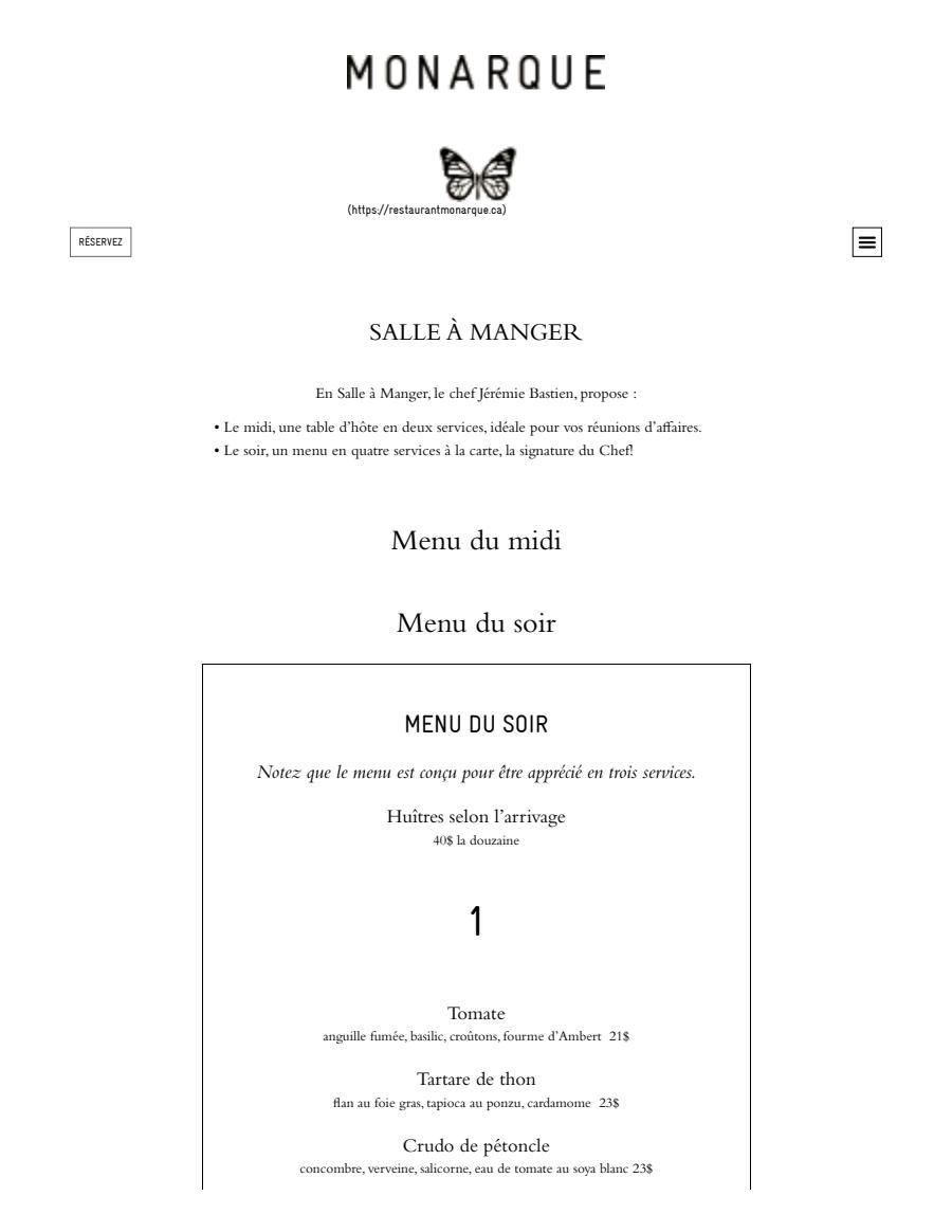 Monarque Dinner Menu