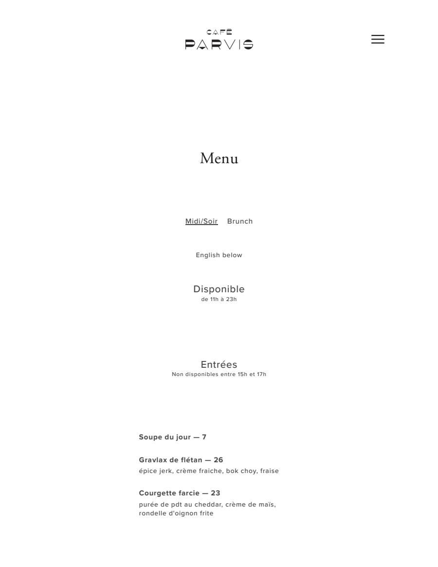 Café Parvis Lunch Dinner Menu