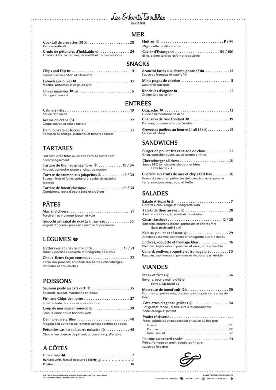 Enfants Terribles Ville-Marie Place Menu