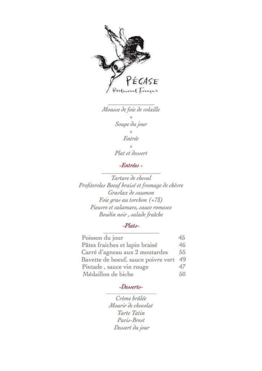 Le Pégase Menu