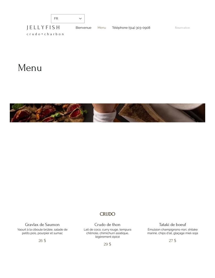 Jellyfish Montreal Restaurant Menu