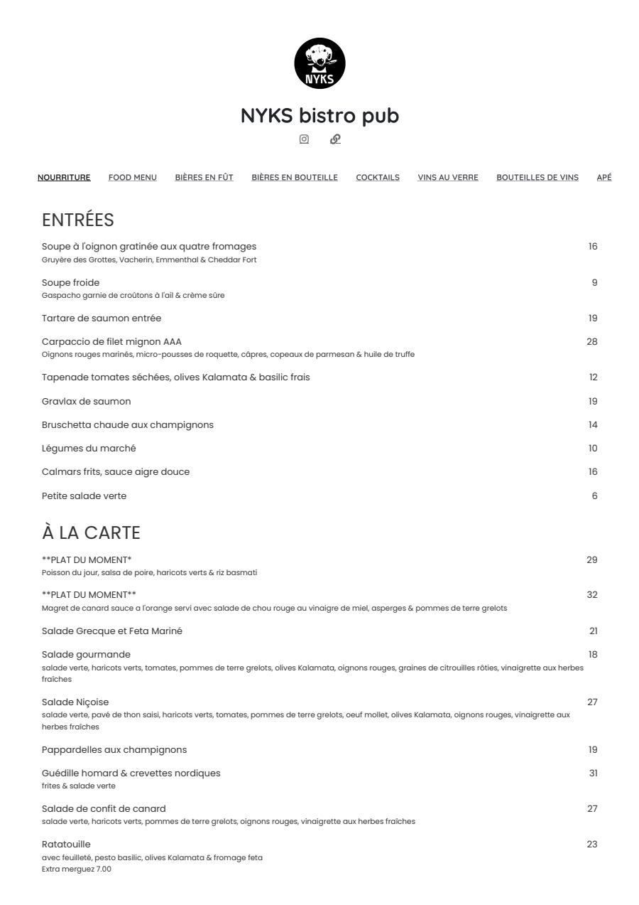 Nyks Pub & Grill Menu