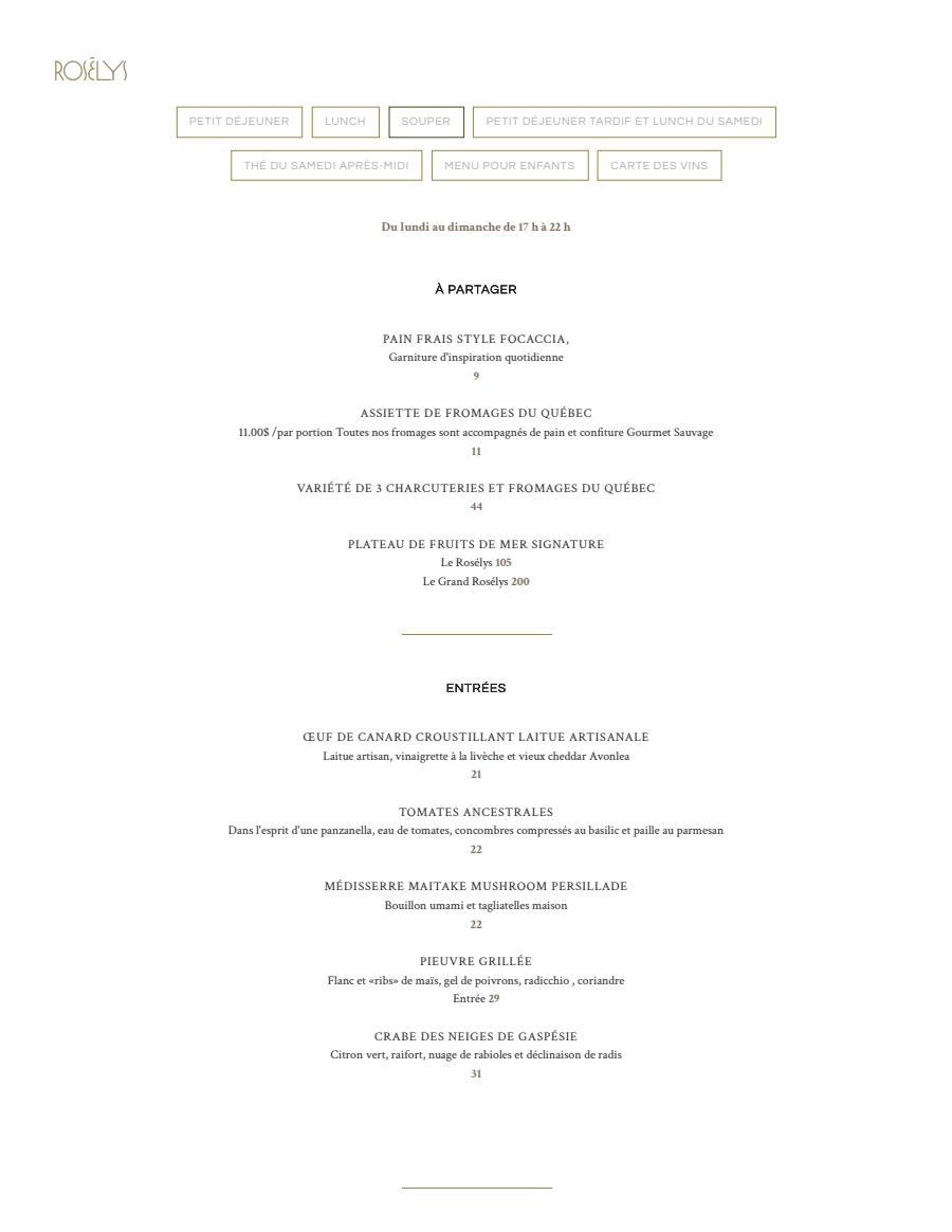Fairmont Le Reine Elizabeth Rosélys Dinner Menu