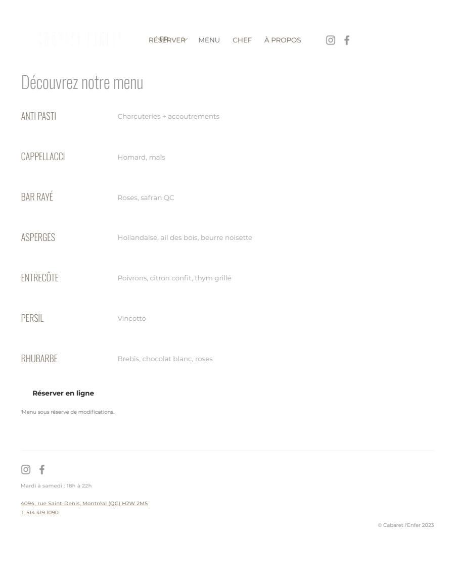 Cabaret L'enfer Menu