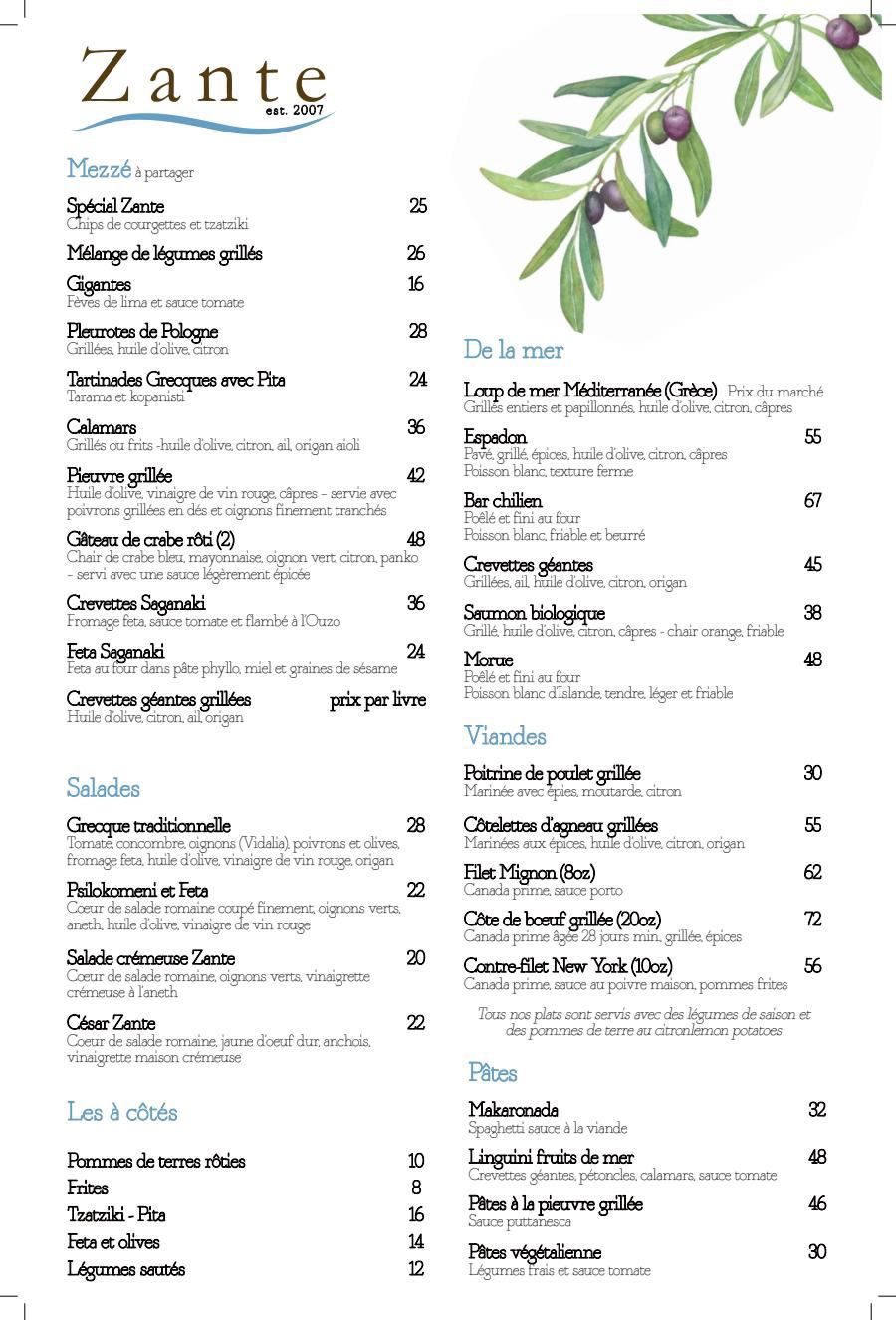 Restaurant Zante Menu