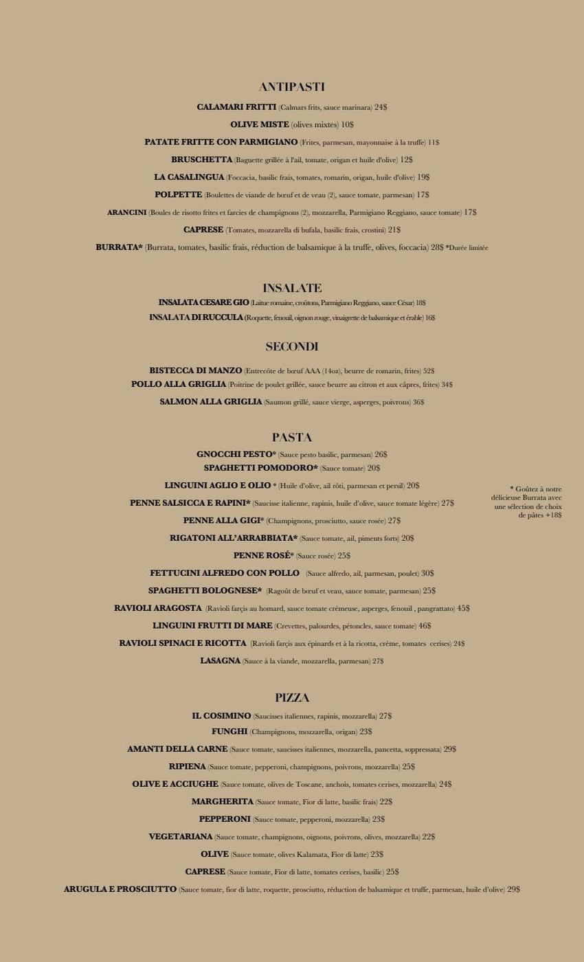 Trattoria Gio Menu
