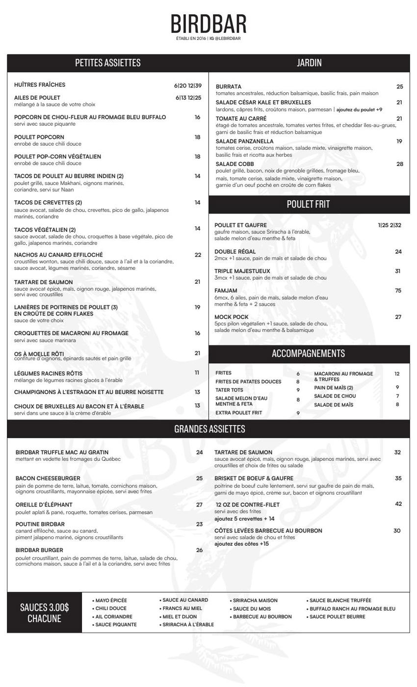 Bird Bar Menu