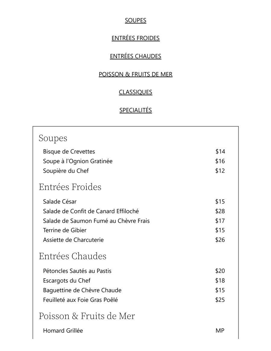 Restaurant Sauvagine-Gibier Menu