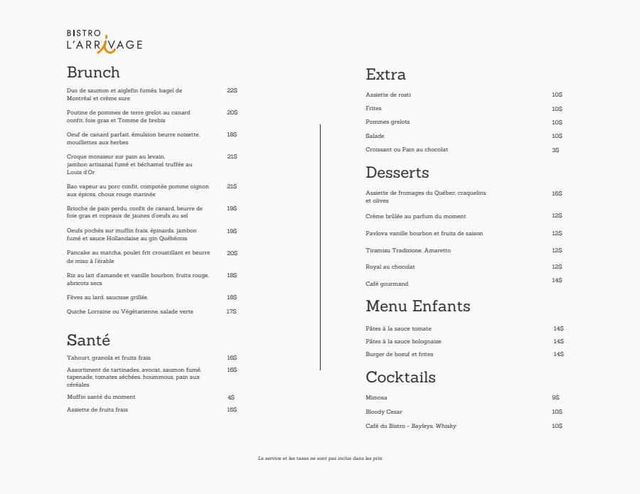 Bistro L'Arrivage Week-end menu