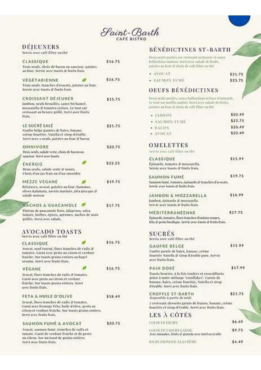 Café St-Barth Breakfast menu