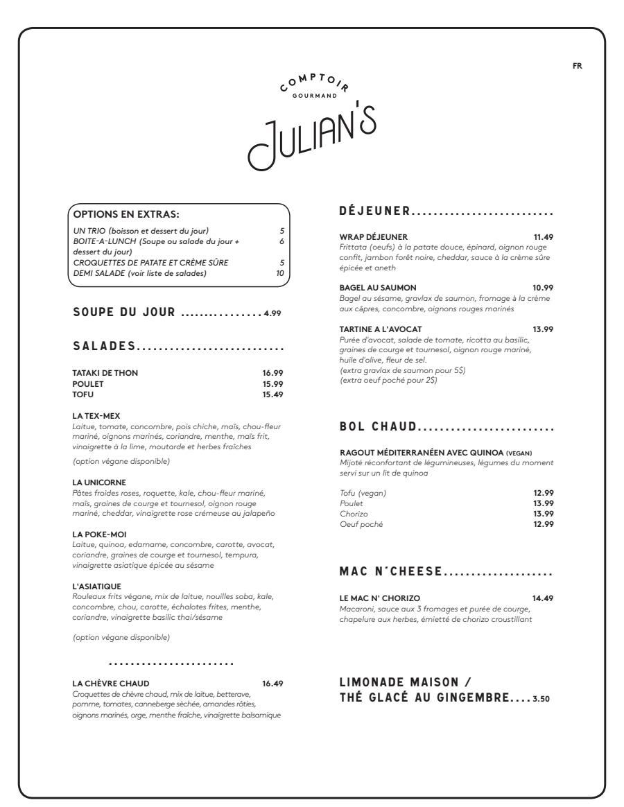 Julian's comptoir gourmand Lunch menu