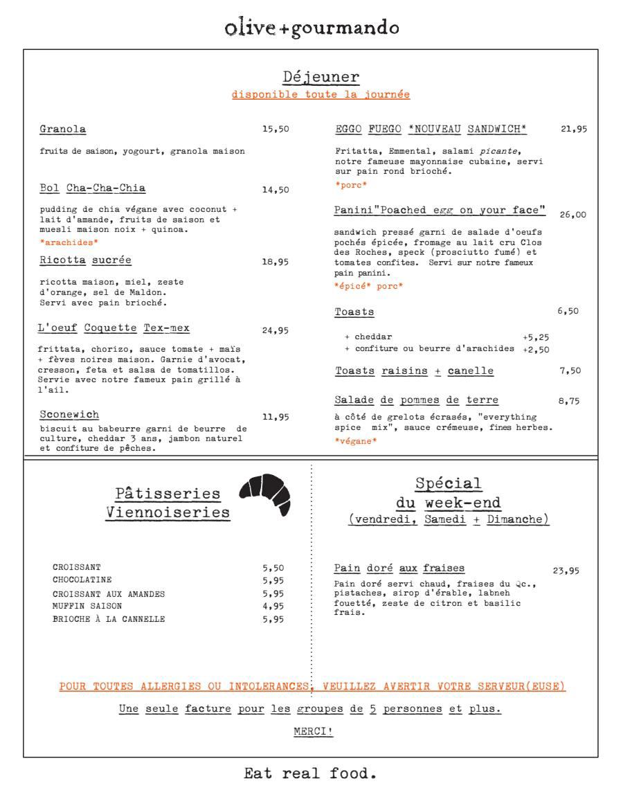 Olive et Gourmando Menu