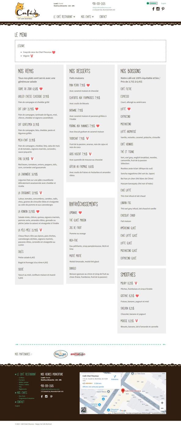 Cat Cafe Montreal Menu