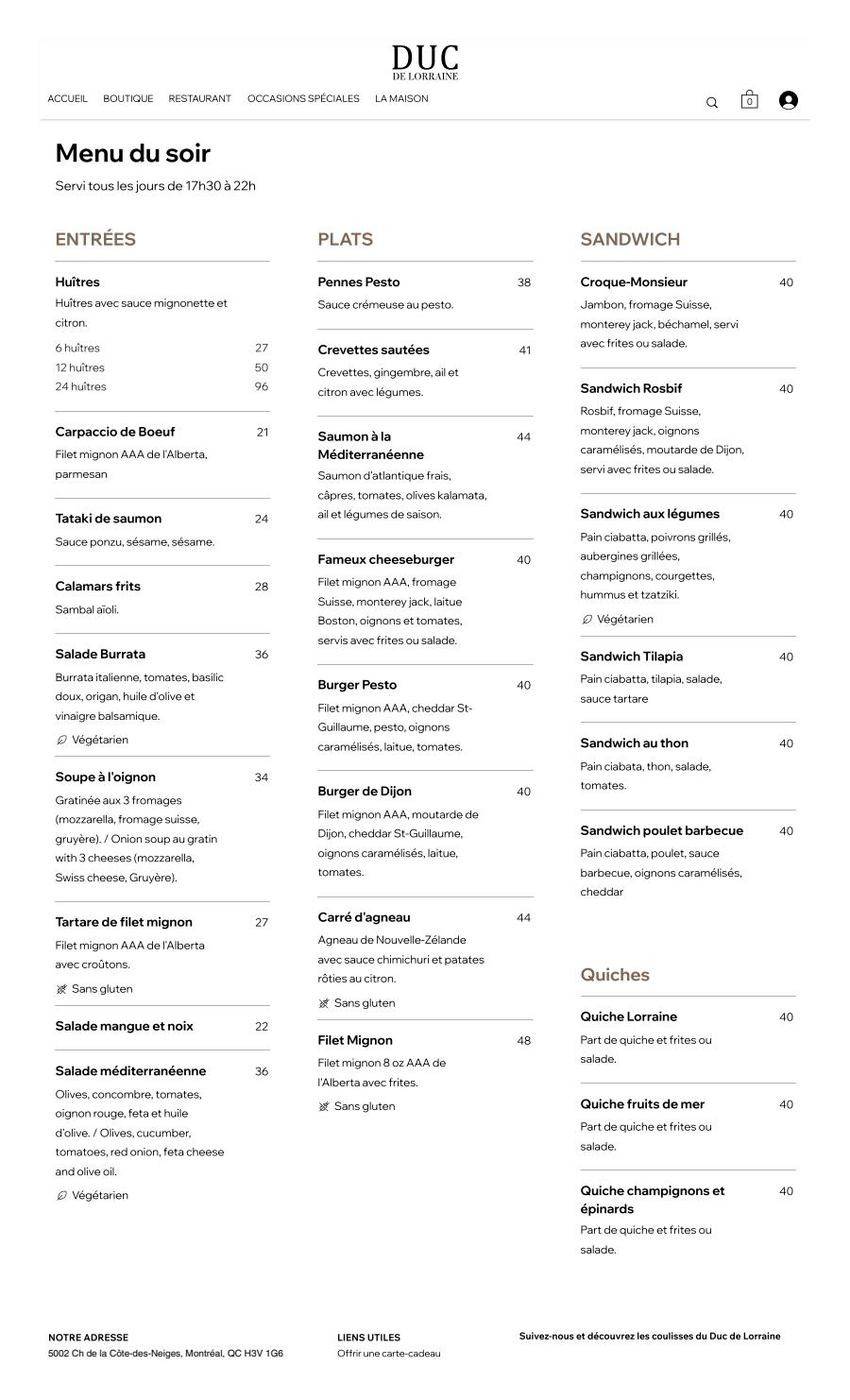 Duc de Lorraine Dinner Menu