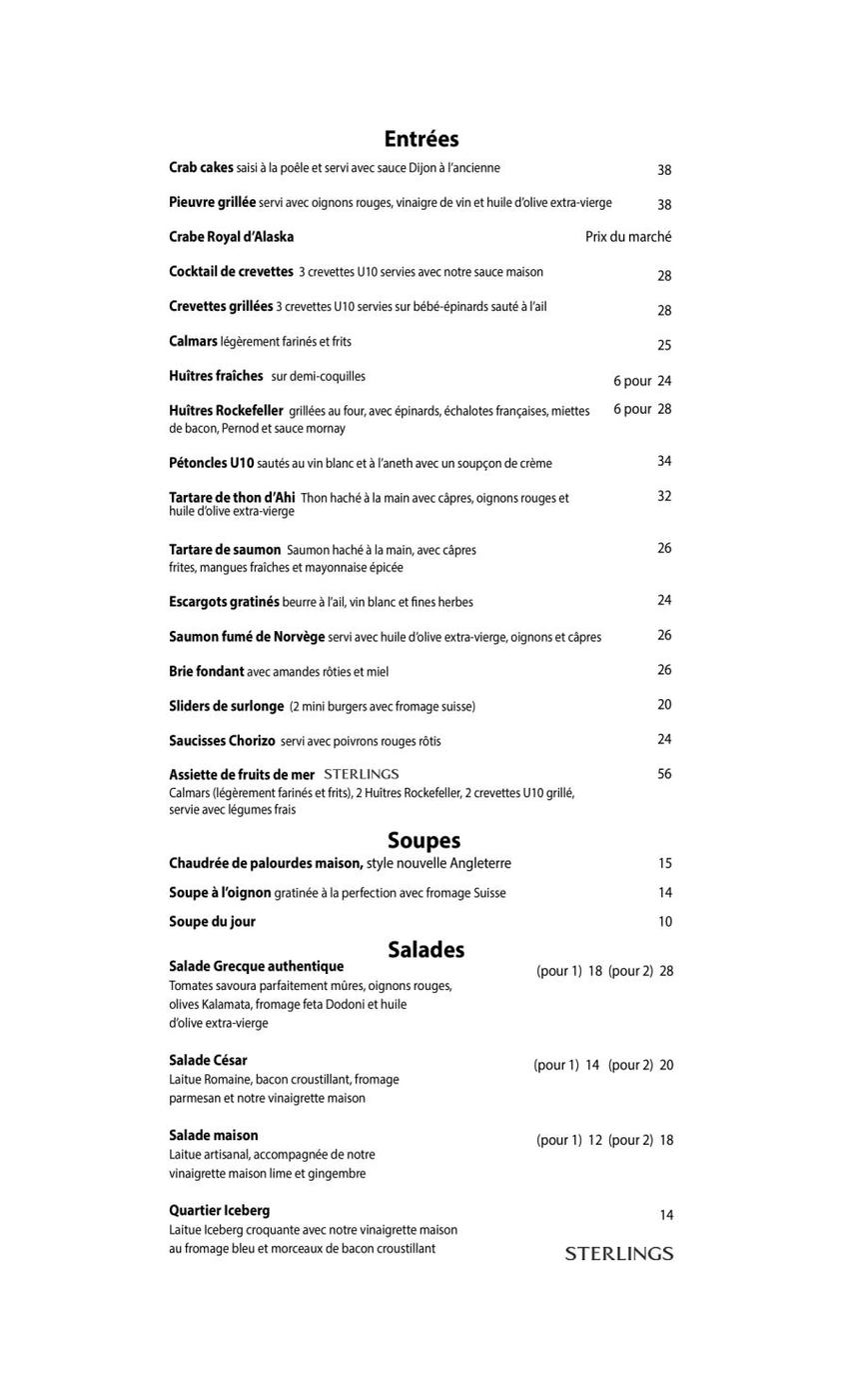 Sterlings Steakhouse Menu