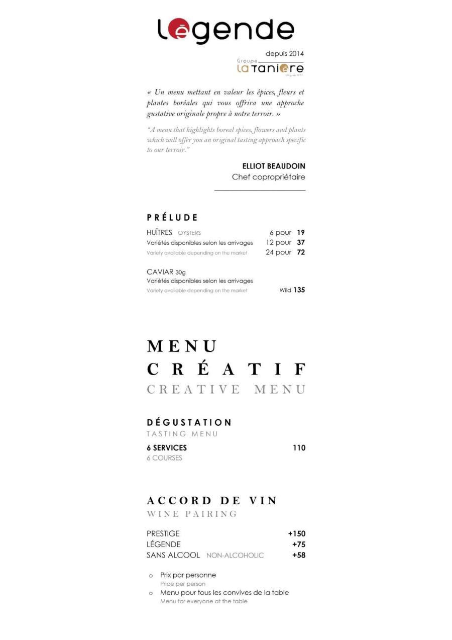 Restaurant Légende Menu