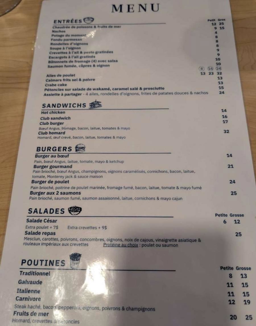 Restaurant Cap à la Mer Menu