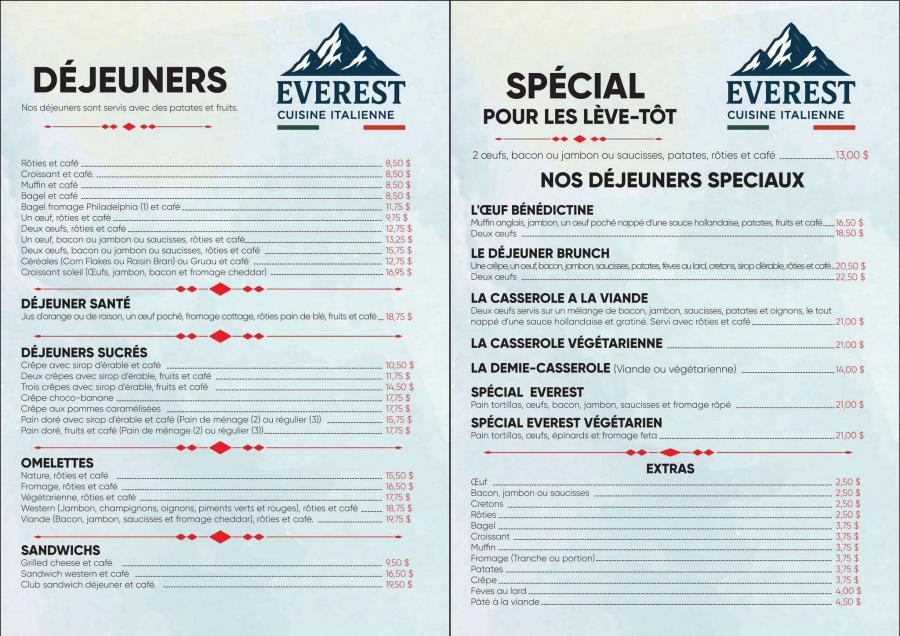 Mont Everest Breakfast Menu