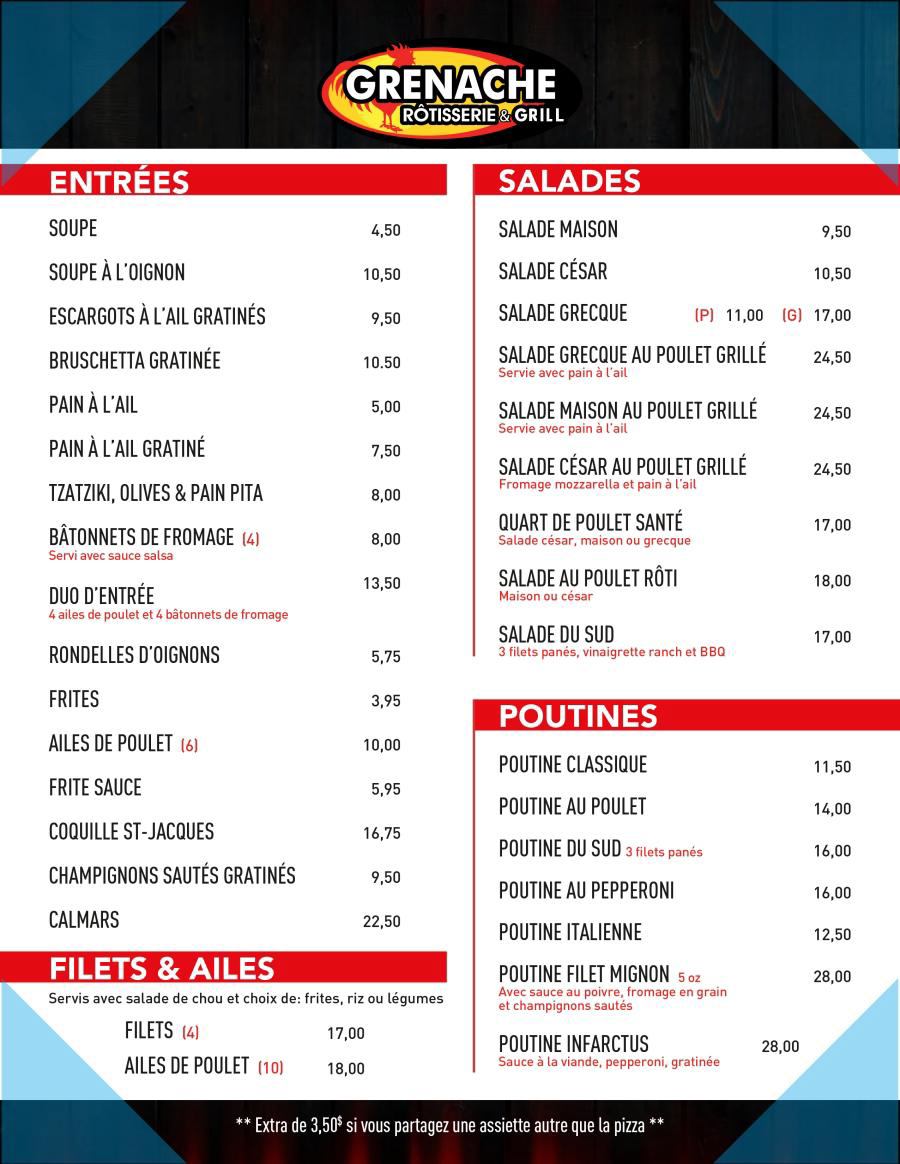 Rôtisserie Pizzeria Grenache Menu