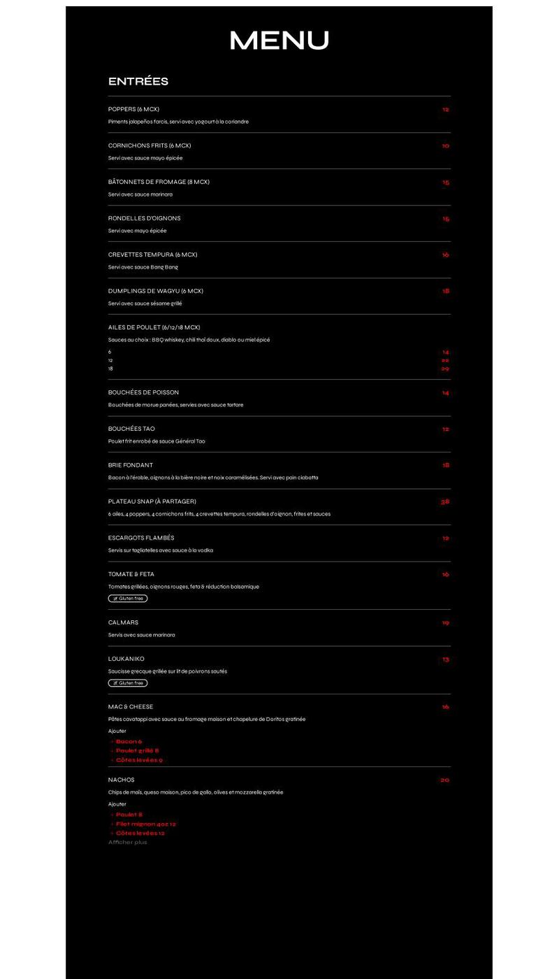 SNAP Bar Sportif Menu