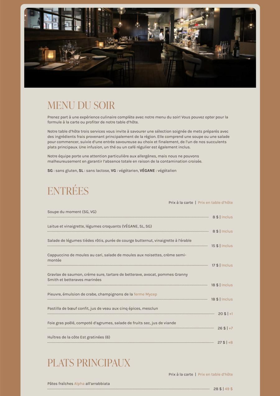 Bistro 4 Saisons Supper Menu