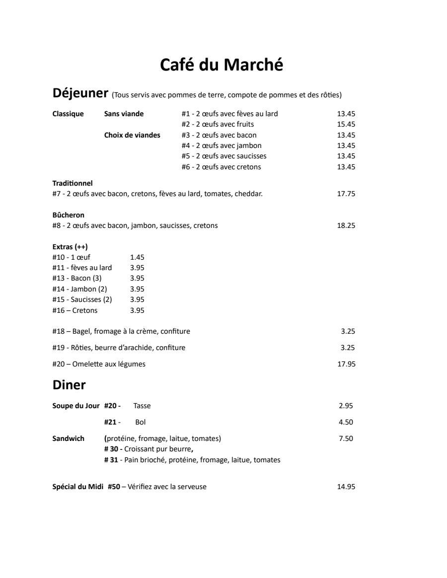 Café du marché Menu