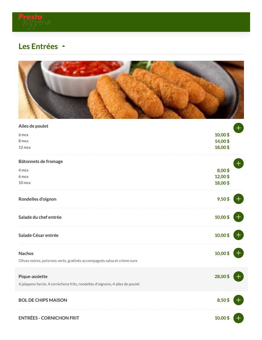 Presto Pizzeria Menu