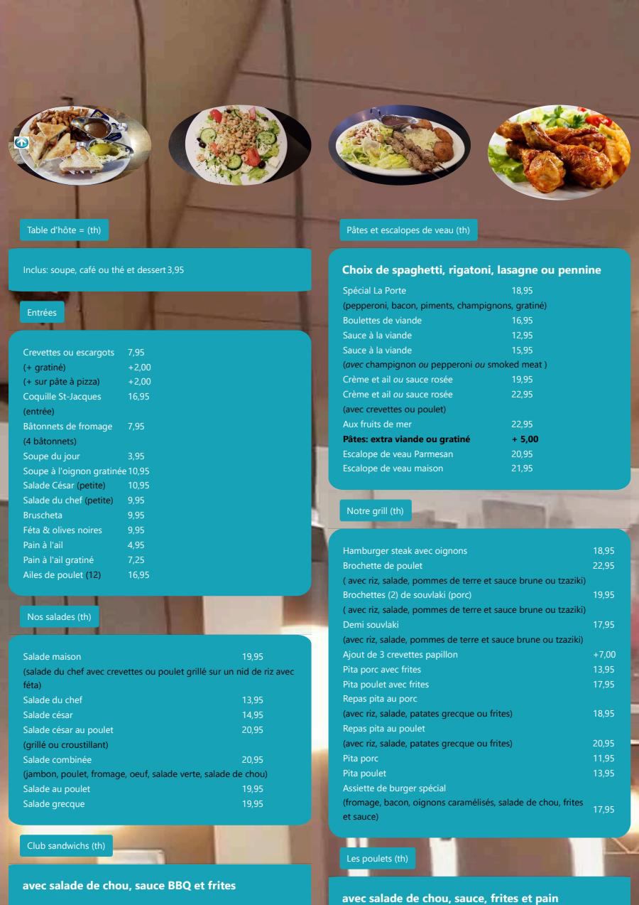 Menu Salle à manger Restaurant La Porte des Laurentides