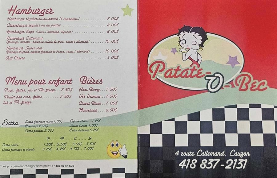 Potato-O-Bec Snack Menu