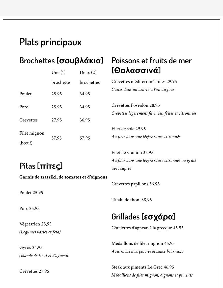 Restaurant Menu Le Grec - Main Dishes