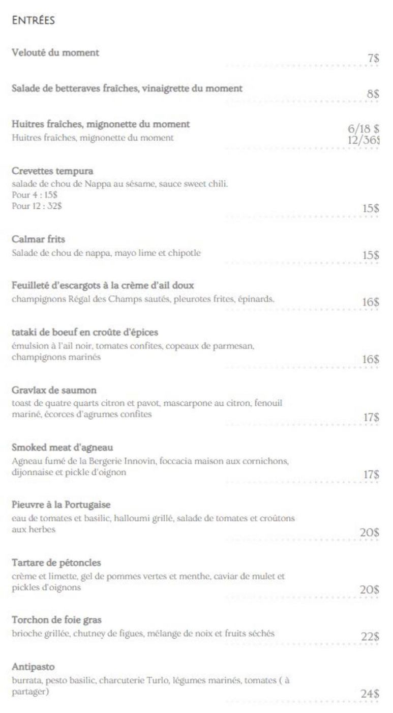 Restaurant Menu L'Intimiste