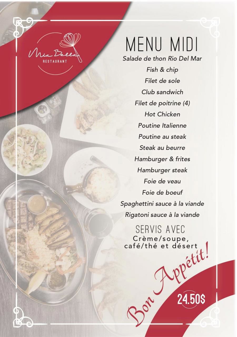 Lunch Menu Mia Bella Restaurant