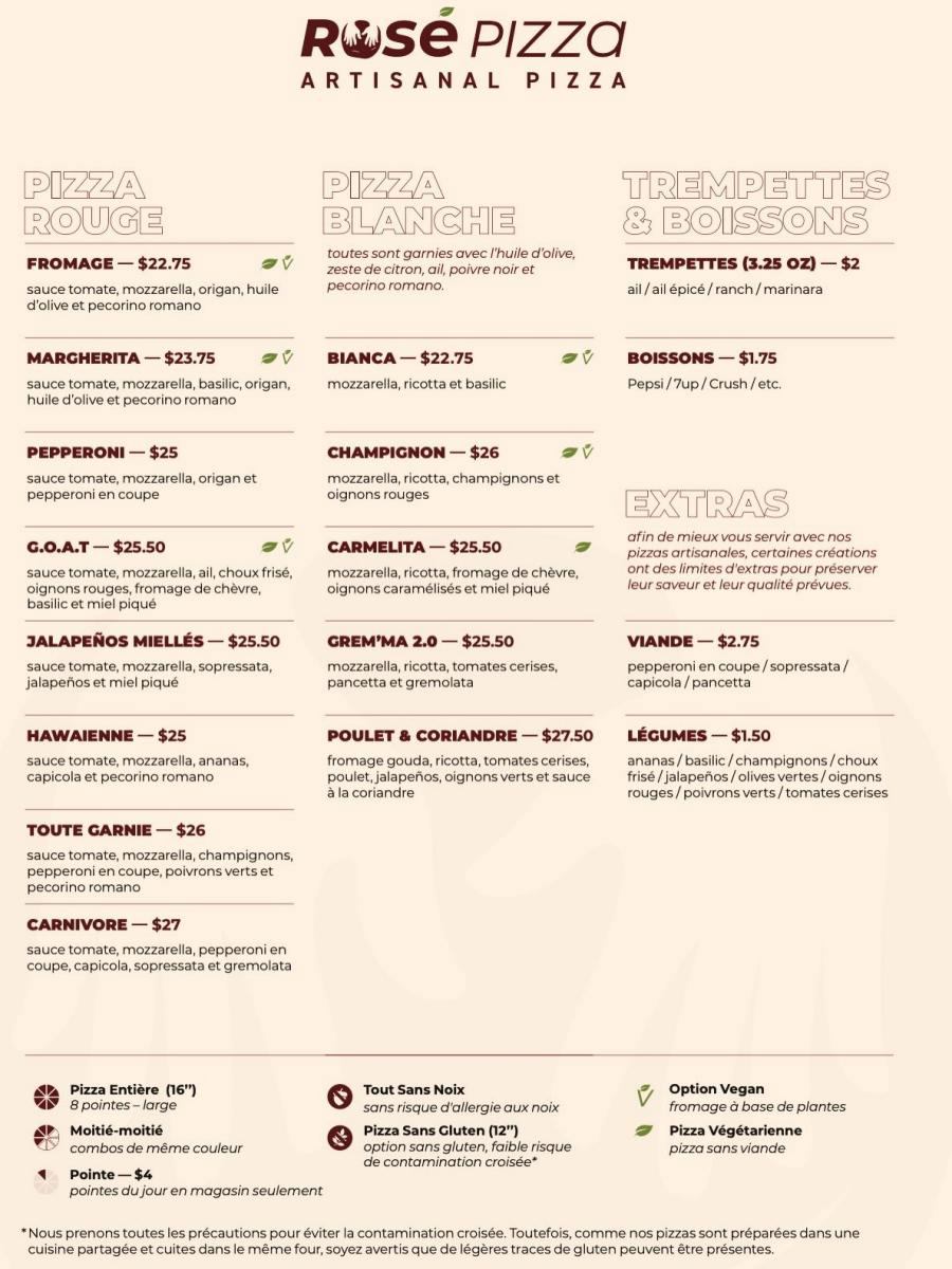Rosé Pizza Menu