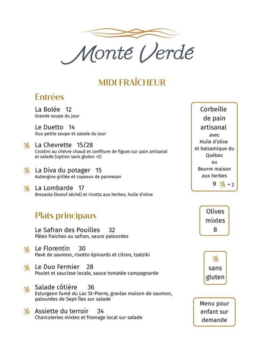 Menu de Restaurant Monté Verdé