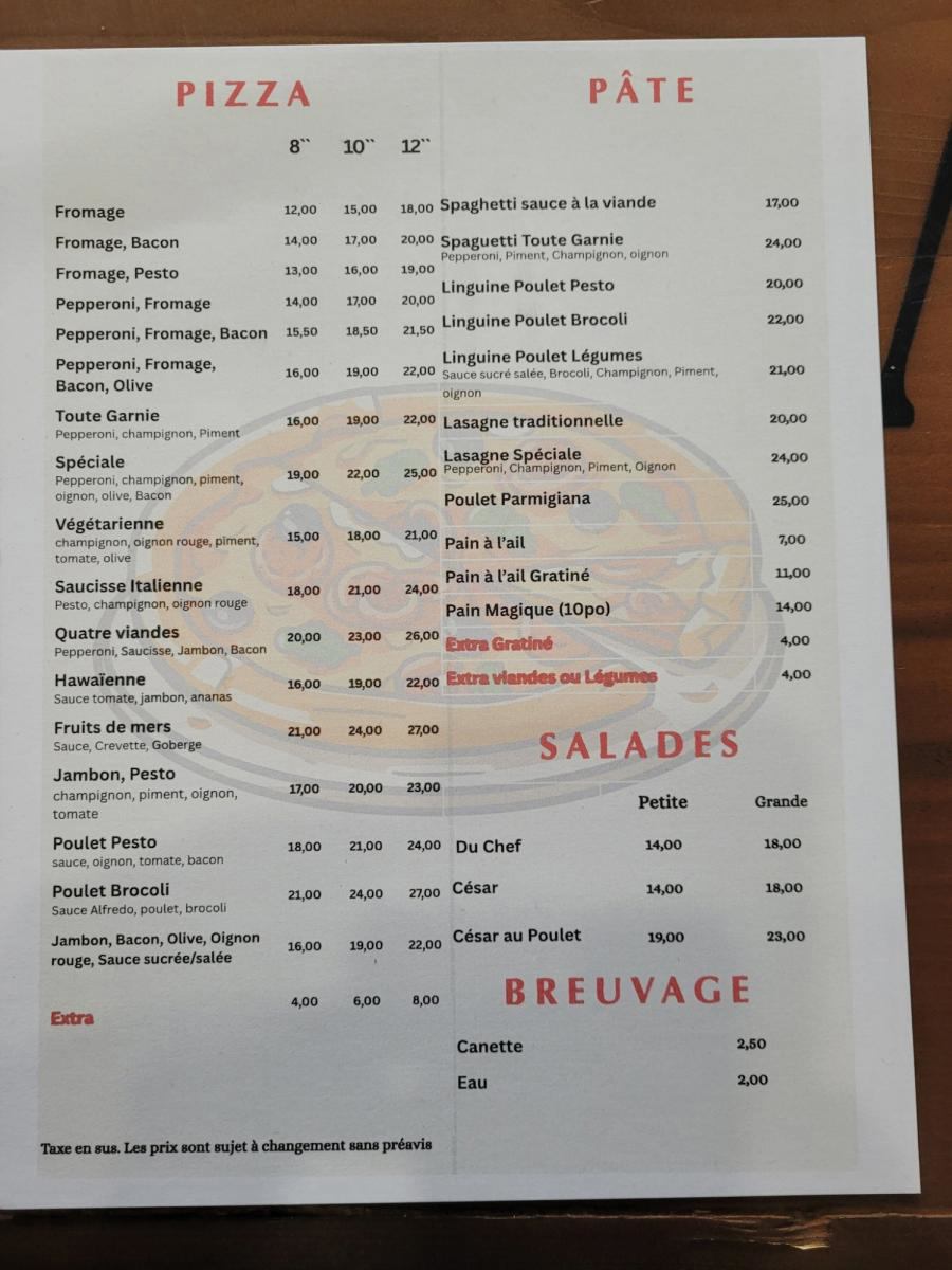 Menu de Fassett pizza