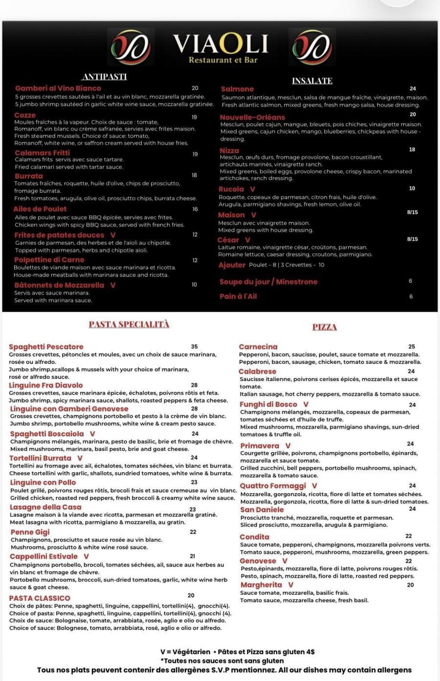 Menu de Viaoli Restaurant & Bar
