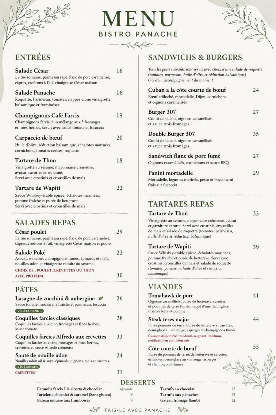 Menu de Bistro Panache