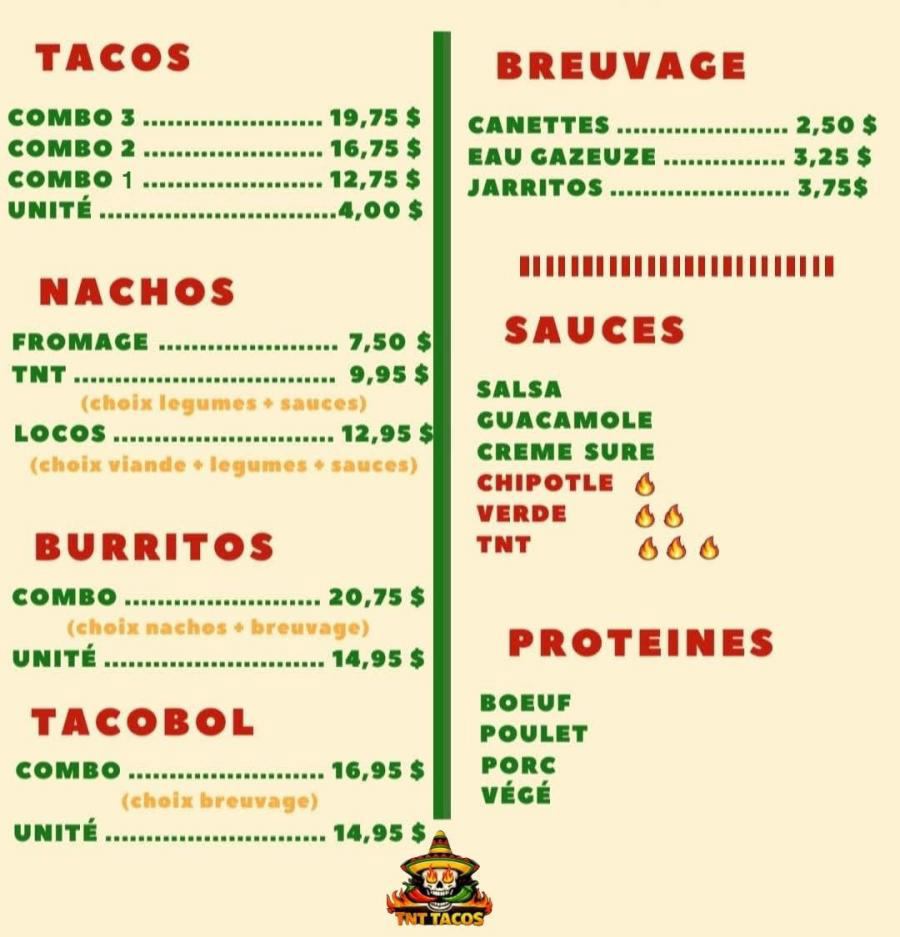 Menu de TNT Tacos Lavaltrie