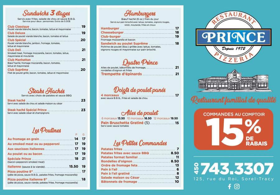 Prince Pizzeria Sorel-Tracy Delivery menu