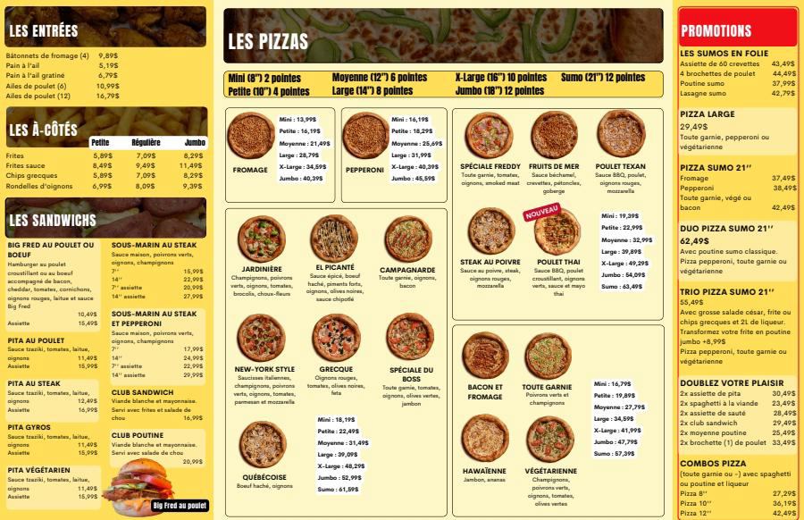 Delivery Menu Freddy Pizzeria