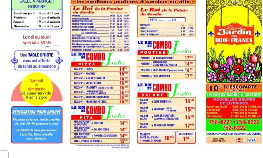 Menu Jardin Bois-Francs Restaurant