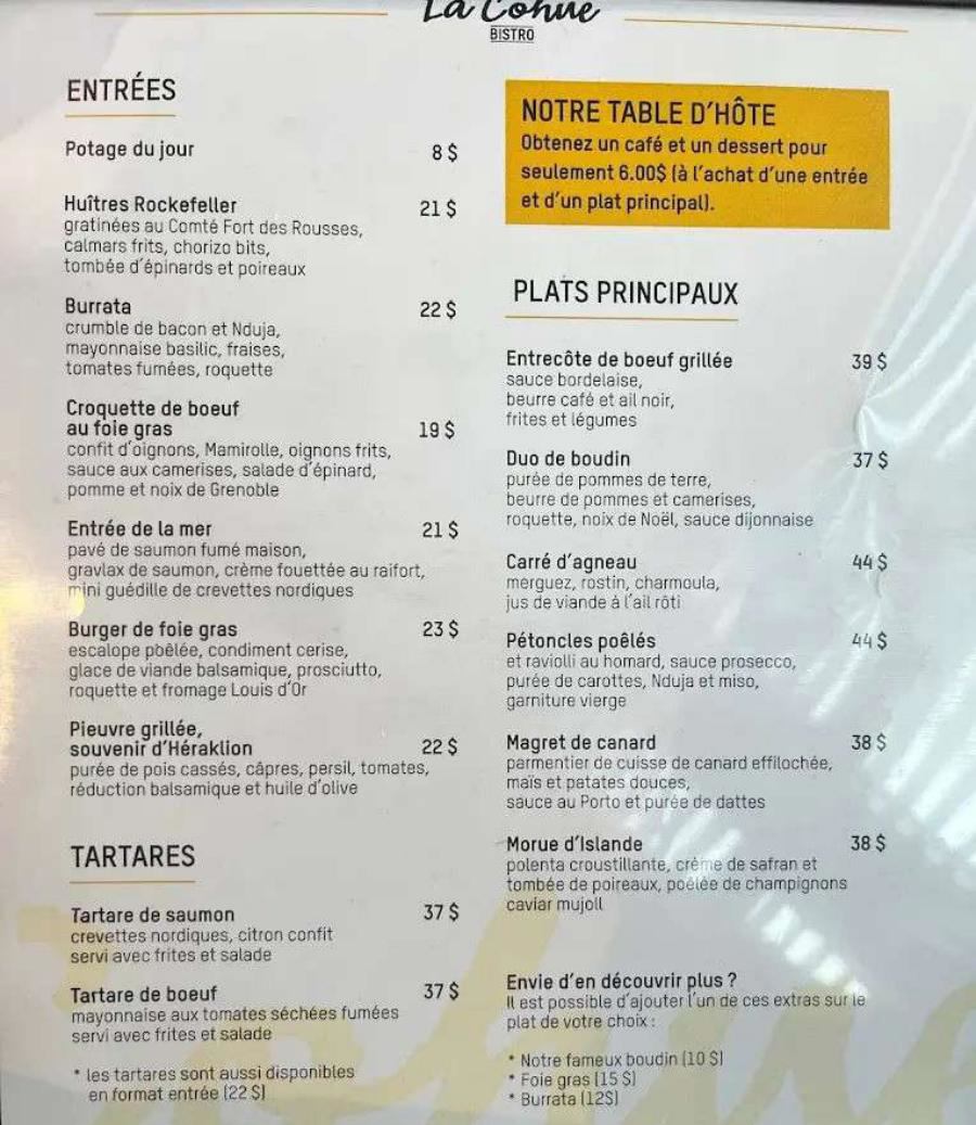 La Cohue Menu